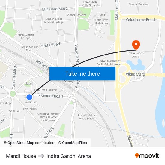 Mandi House to Indira Gandhi Arena map