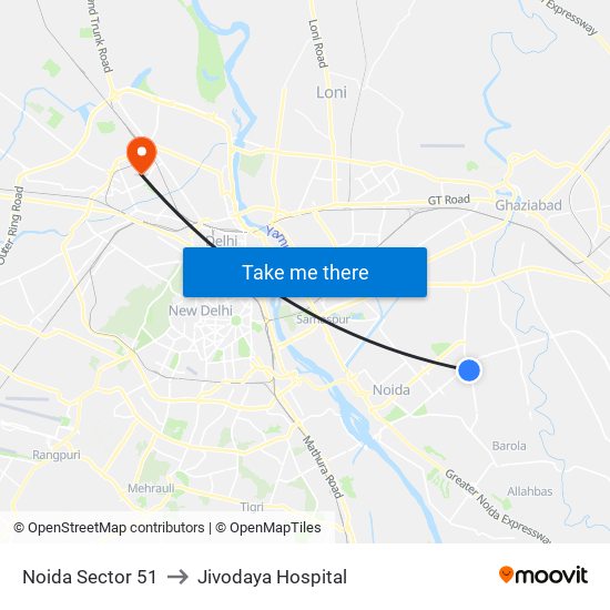 Noida Sector 51 to Jivodaya Hospital map