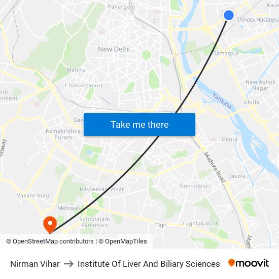 Nirman Vihar to Institute Of Liver And Biliary Sciences map