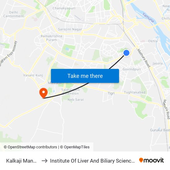 Kalkaji Mandir to Institute Of Liver And Biliary Sciences map