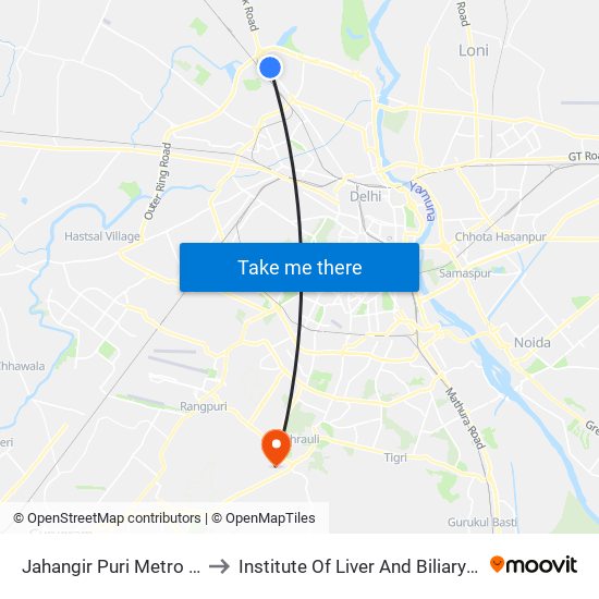 Jahangir Puri Metro Station to Institute Of Liver And Biliary Sciences map