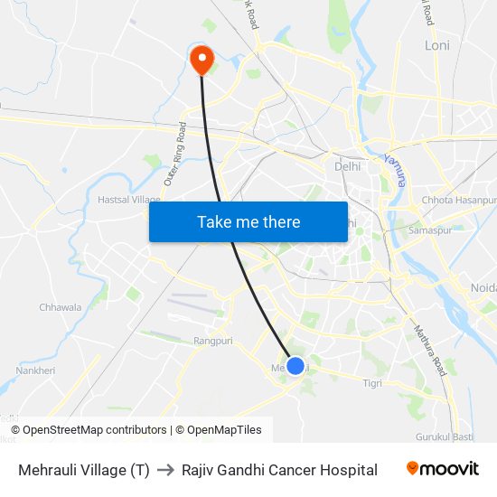 Mehrauli Village (T) to Rajiv Gandhi Cancer Hospital map