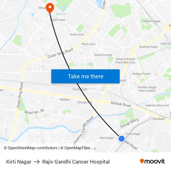 Kirti Nagar to Rajiv Gandhi Cancer Hospital map