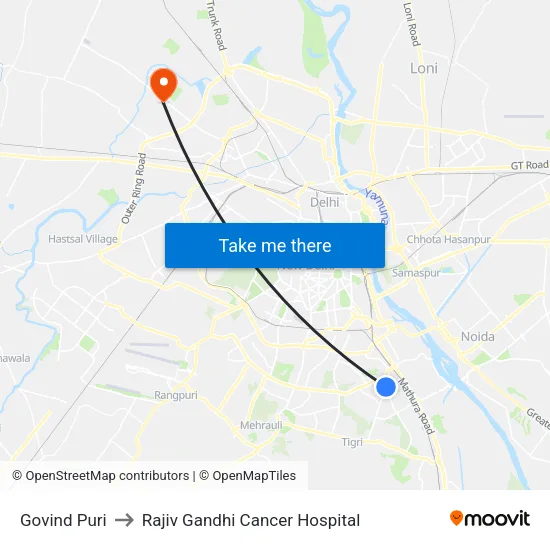 Govind Puri to Rajiv Gandhi Cancer Hospital map