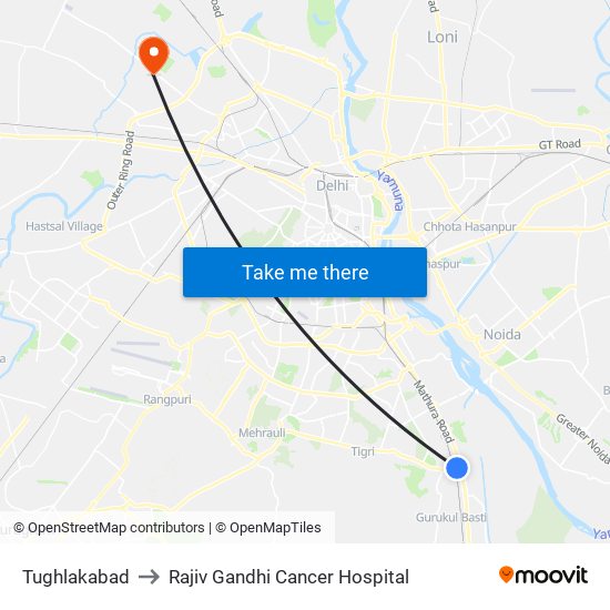 Tughlakabad to Rajiv Gandhi Cancer Hospital map