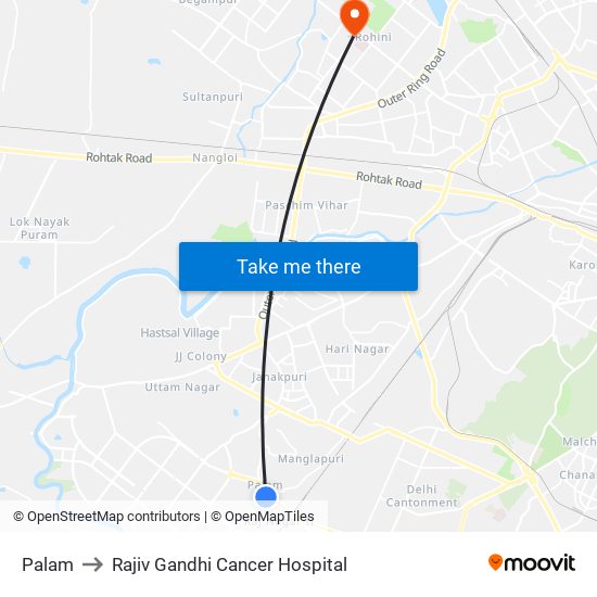 Palam to Rajiv Gandhi Cancer Hospital map