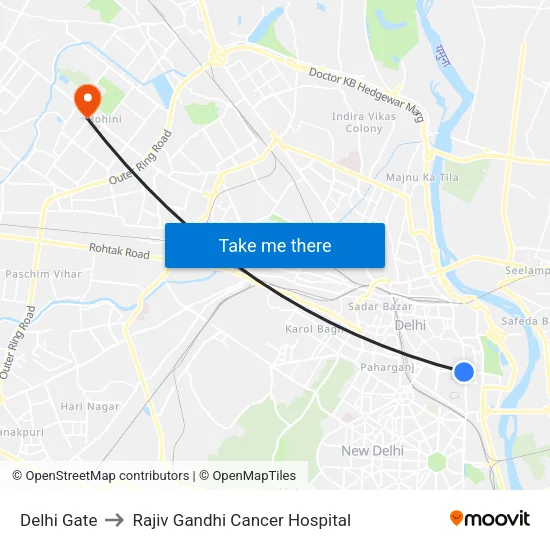 Delhi Gate to Rajiv Gandhi Cancer Hospital map
