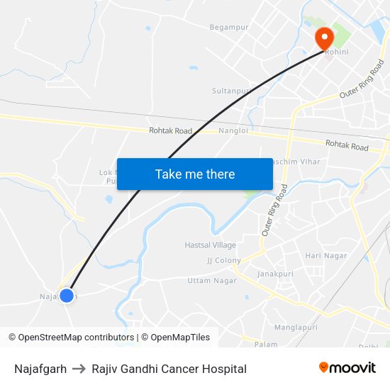 Najafgarh to Rajiv Gandhi Cancer Hospital map