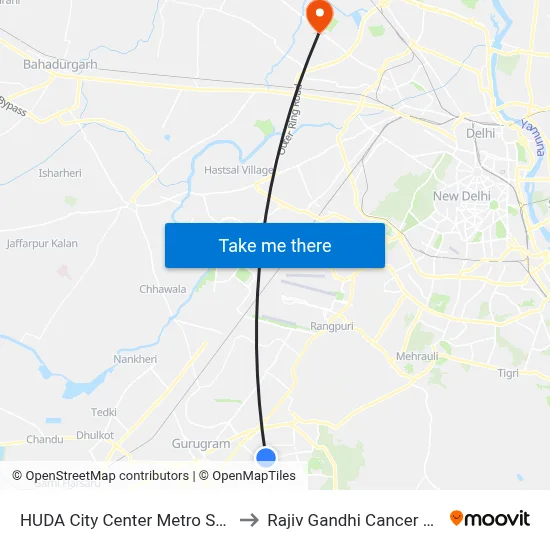 HUDA City Center Metro Station (B) to Rajiv Gandhi Cancer Hospital map