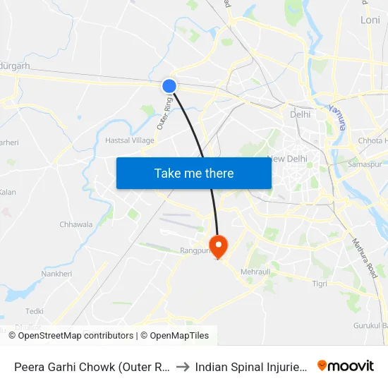 Peera Garhi Chowk (Outer Ring Road) to Indian Spinal Injuries Centre map