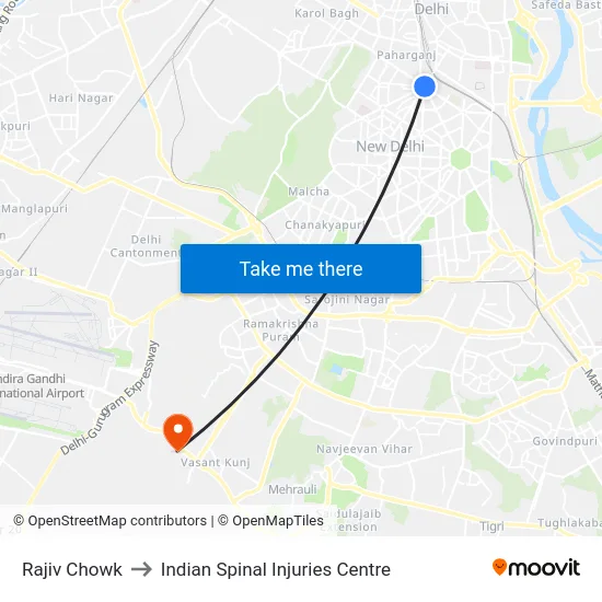 Rajiv Chowk to Indian Spinal Injuries Centre map