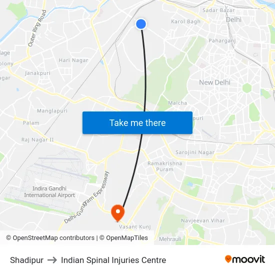 Shadipur to Indian Spinal Injuries Centre map