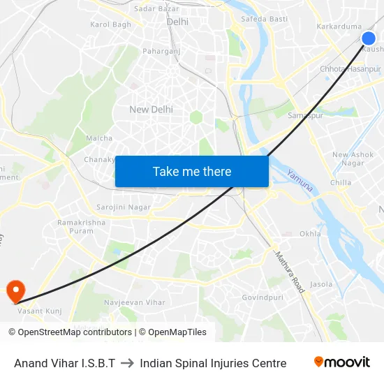 Anand Vihar I.S.B.T to Indian Spinal Injuries Centre map