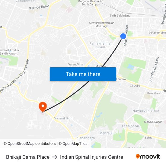 Bhikaji Cama Place to Indian Spinal Injuries Centre map