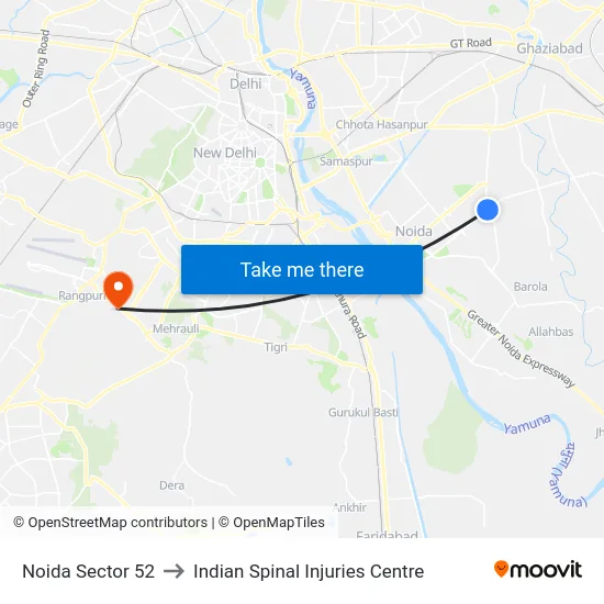 Noida Sector 52 to Indian Spinal Injuries Centre map