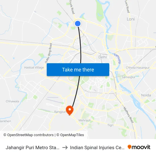 Jahangir Puri Metro Station to Indian Spinal Injuries Centre map