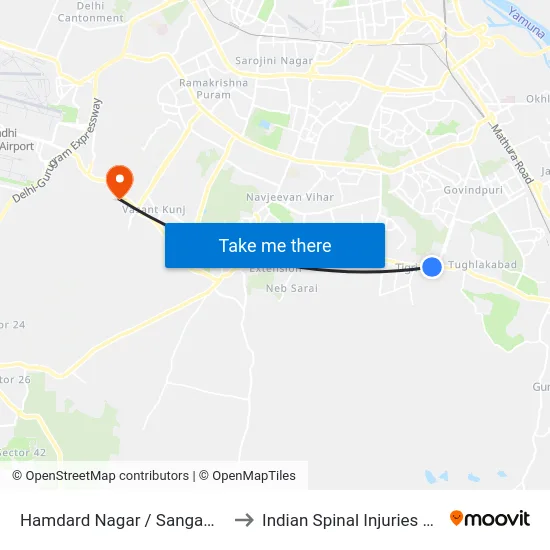 Hamdard Nagar / Sangam Vihar to Indian Spinal Injuries Centre map