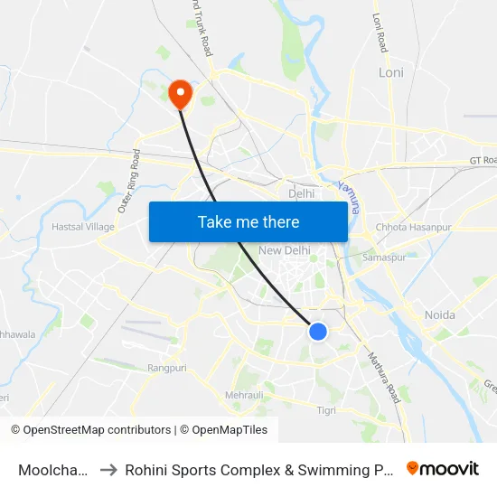 Moolchand to Rohini Sports Complex & Swimming Pool map