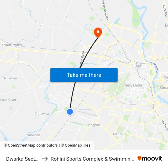 Dwarka Sector 8 to Rohini Sports Complex & Swimming Pool map