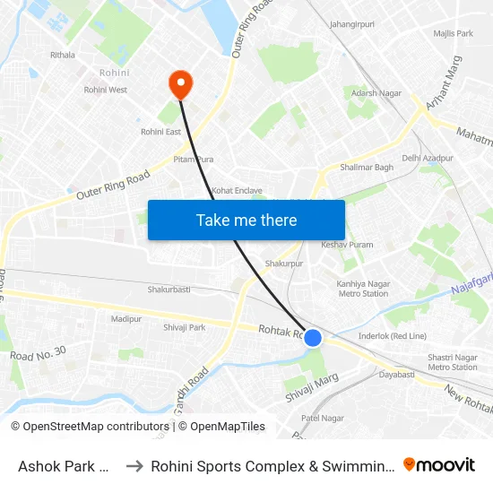 Ashok Park Main to Rohini Sports Complex & Swimming Pool map
