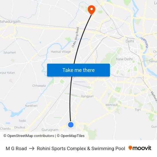 M G Road to Rohini Sports Complex & Swimming Pool map