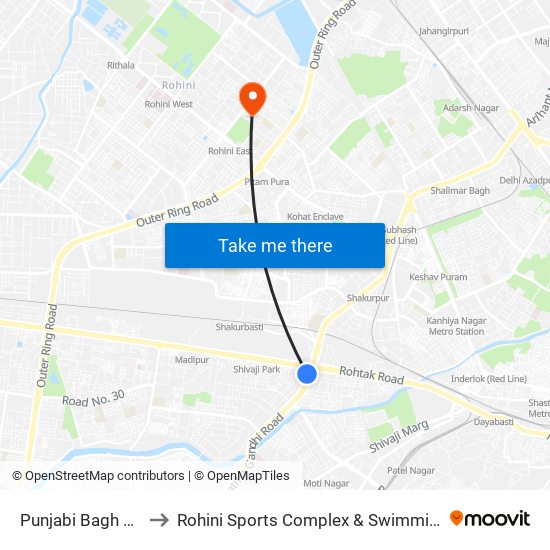 Punjabi Bagh West to Rohini Sports Complex & Swimming Pool map