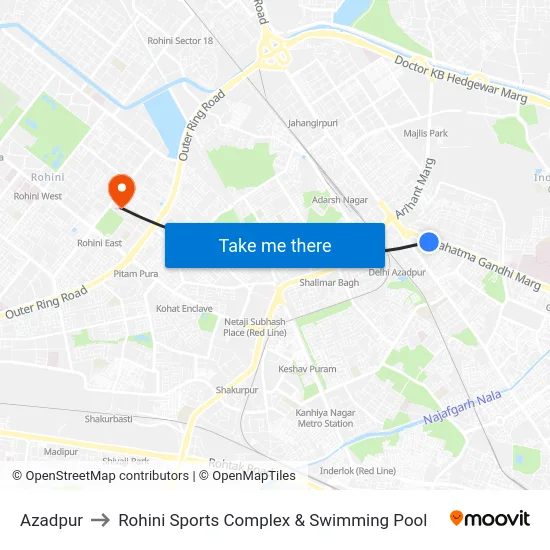 Azadpur to Rohini Sports Complex & Swimming Pool map