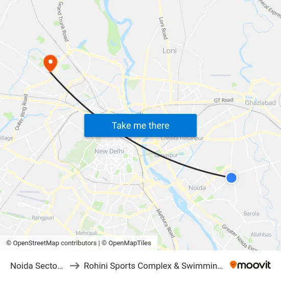 Noida Sector 52 to Rohini Sports Complex & Swimming Pool map