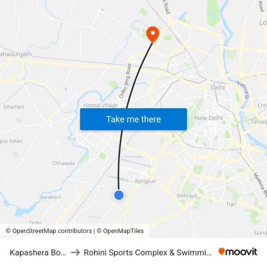 Kapashera Border to Rohini Sports Complex & Swimming Pool map