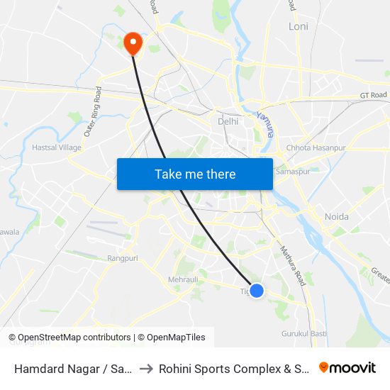 Hamdard Nagar / Sangam Vihar to Rohini Sports Complex & Swimming Pool map