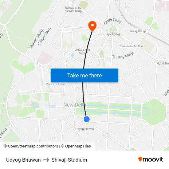 Udyog Bhawan to Shivaji Stadium map