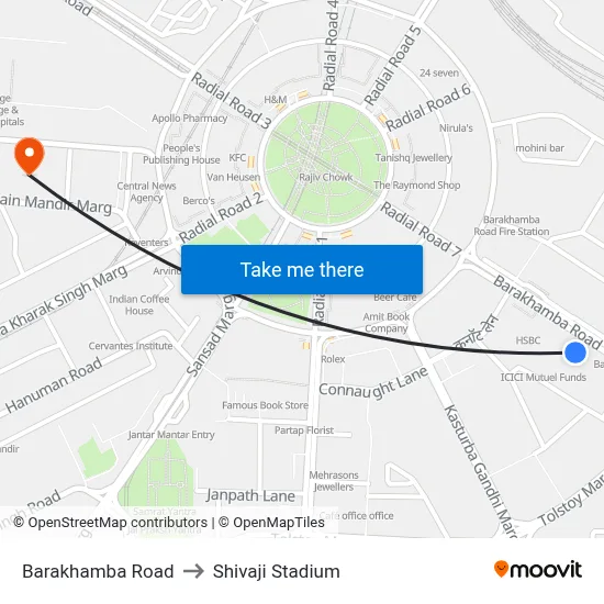 Barakhamba Road to Shivaji Stadium map