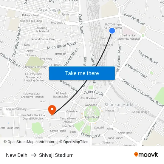 New Delhi to Shivaji Stadium map