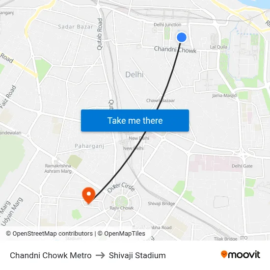 Chandni Chowk Metro to Shivaji Stadium map