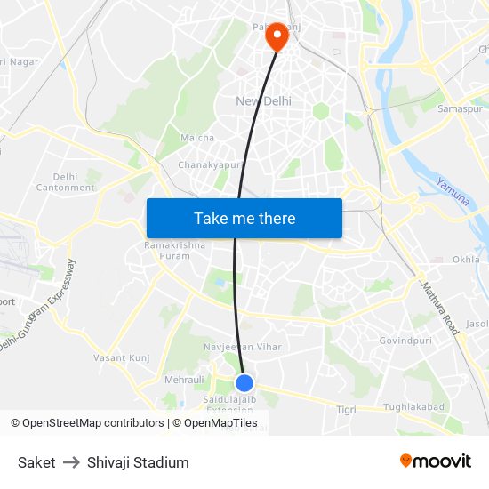 Saket to Shivaji Stadium map
