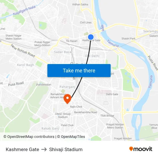 Kashmere Gate to Shivaji Stadium map