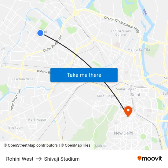 Rohini West to Shivaji Stadium map