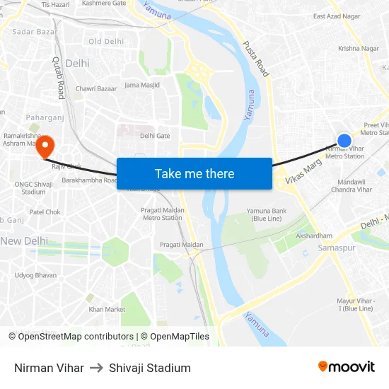 Nirman Vihar to Shivaji Stadium map