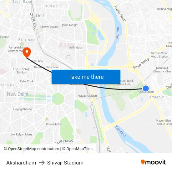 Akshardham to Shivaji Stadium map