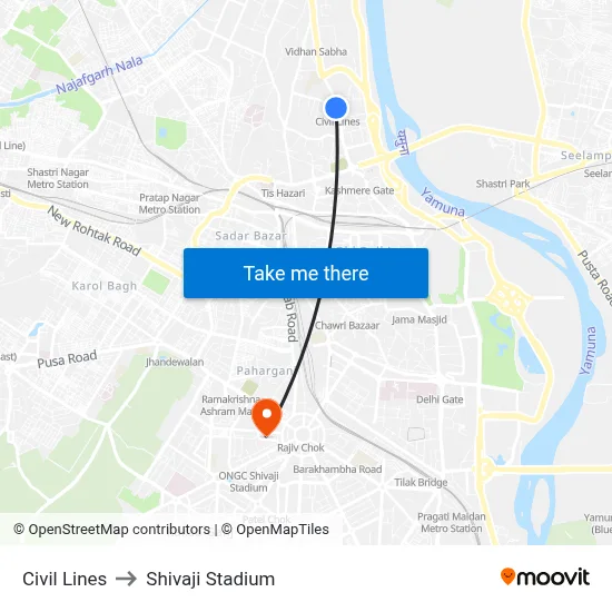 Civil Lines to Shivaji Stadium map