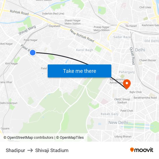 Shadipur to Shivaji Stadium map