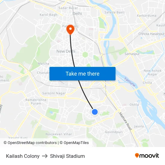 Kailash Colony to Shivaji Stadium map