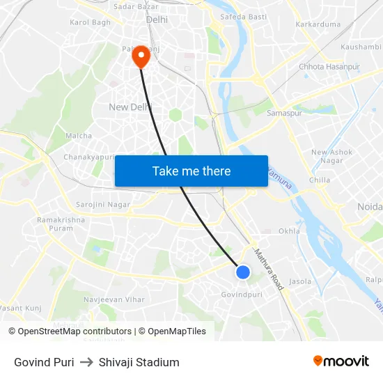Govind Puri to Shivaji Stadium map