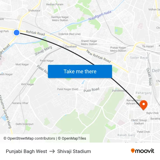 Punjabi Bagh West to Shivaji Stadium map