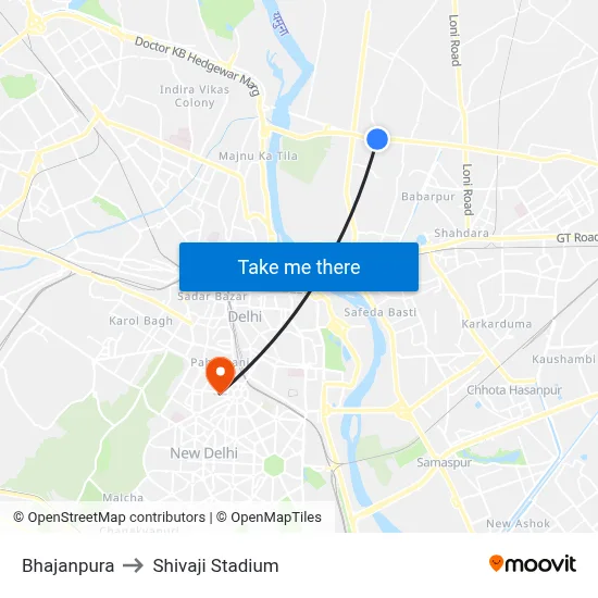 Bhajanpura to Shivaji Stadium map