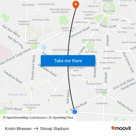 Krishi Bhawan to Shivaji Stadium map