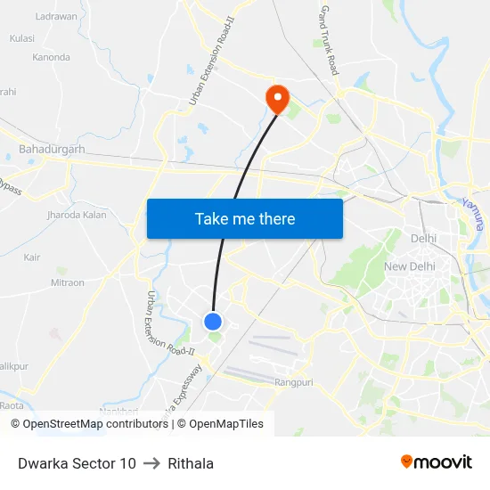 Dwarka Sector 10 to Rithala map