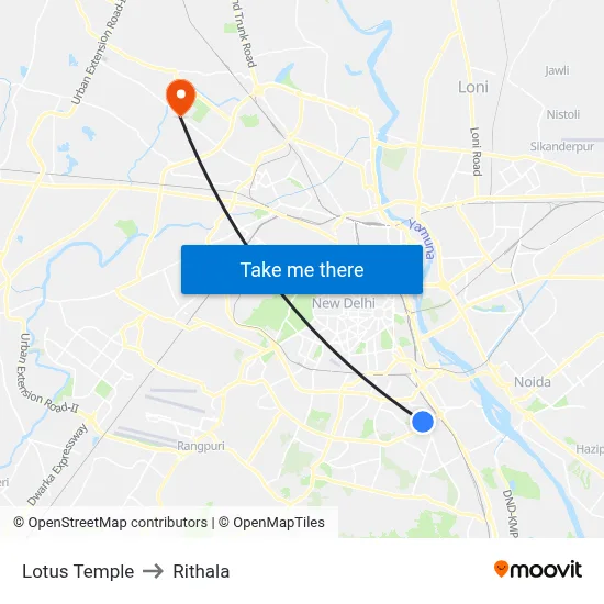 Lotus Temple to Rithala map