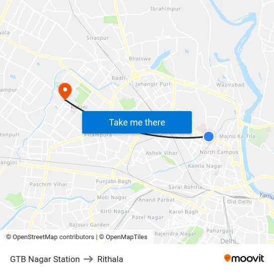 GTB Nagar Station to Rithala map