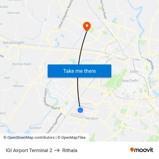 IGI Airport Terminal 2 to Rithala map